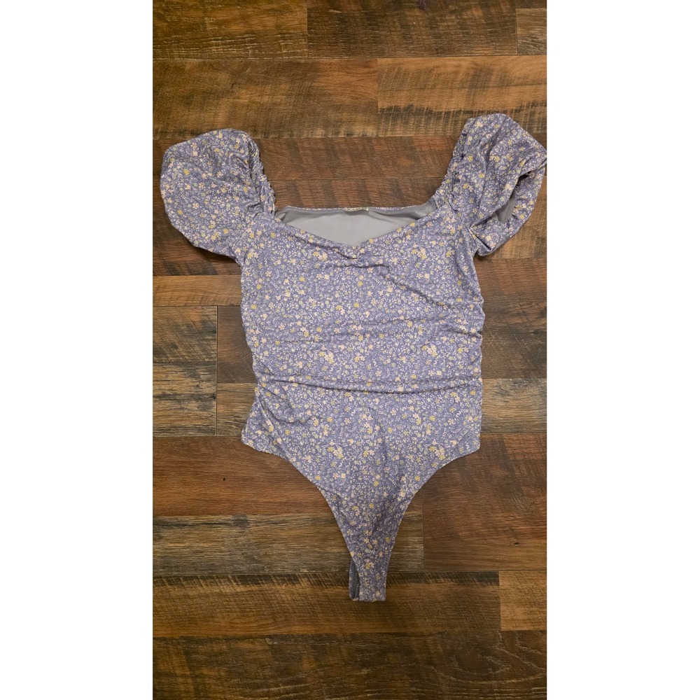 Intimately Free People Lavender Floral Puff Sleeve Ruched Bodice Bodysuit Medium